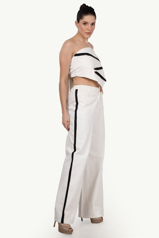 White cotton denim scarf top with black tape detail on bodice