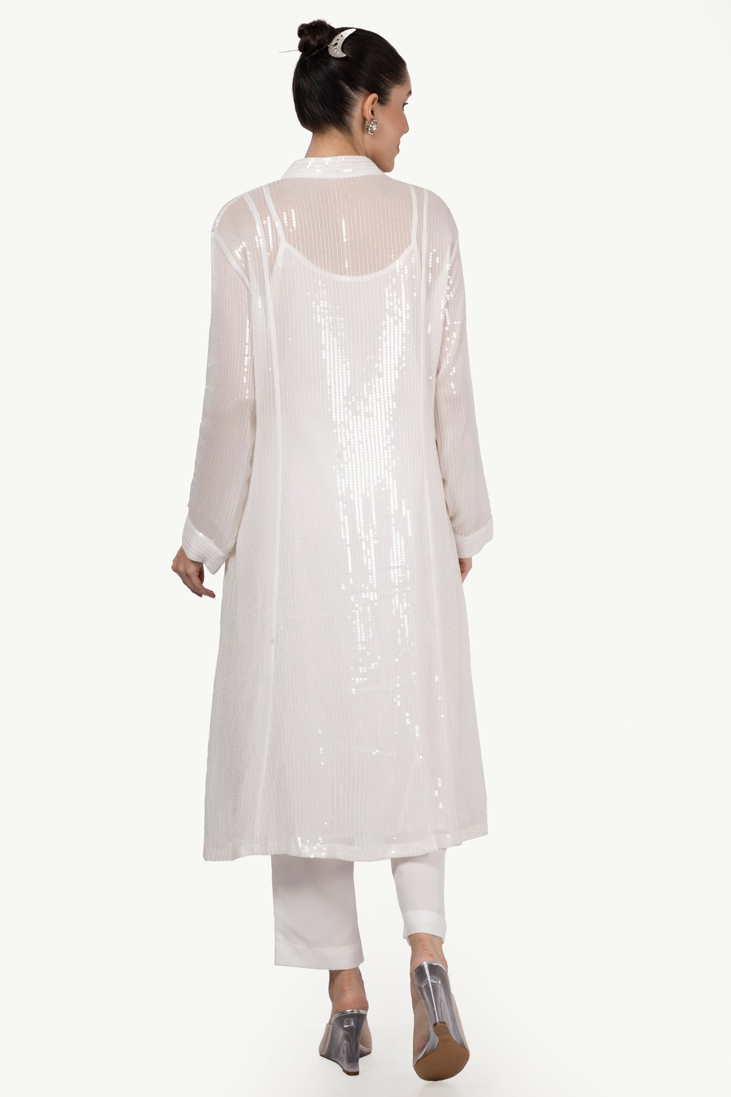 White Sequin V neck Co-ord Set - metallic embroider (top+trousers+slip)