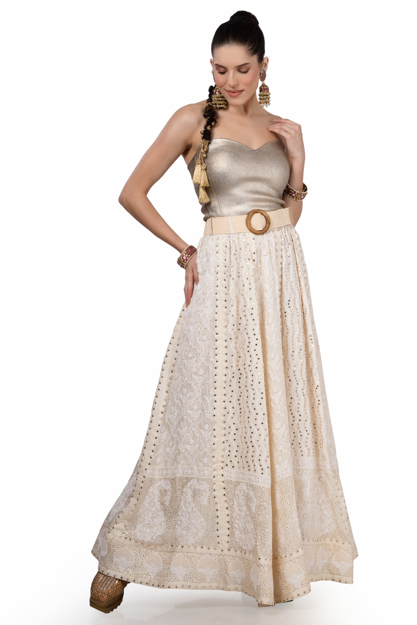 Cream silk skirt/Lehenga hand embroidered in intricate Chikankari work with belt