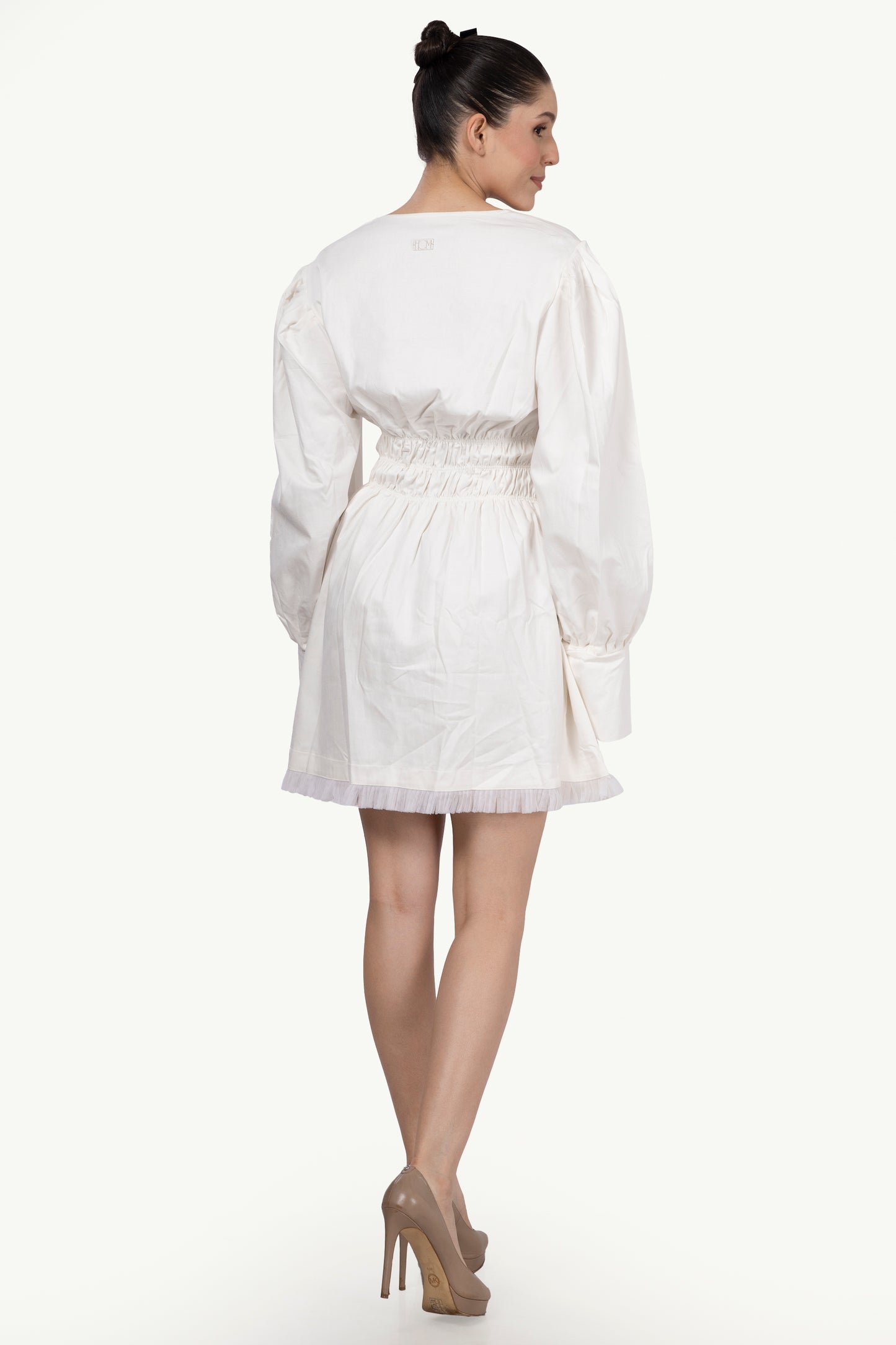 White cotton denim exaggerated sleeve dress with elastic waist and motif