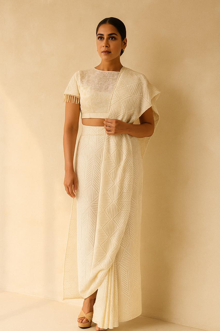 Beige sari in pleated
