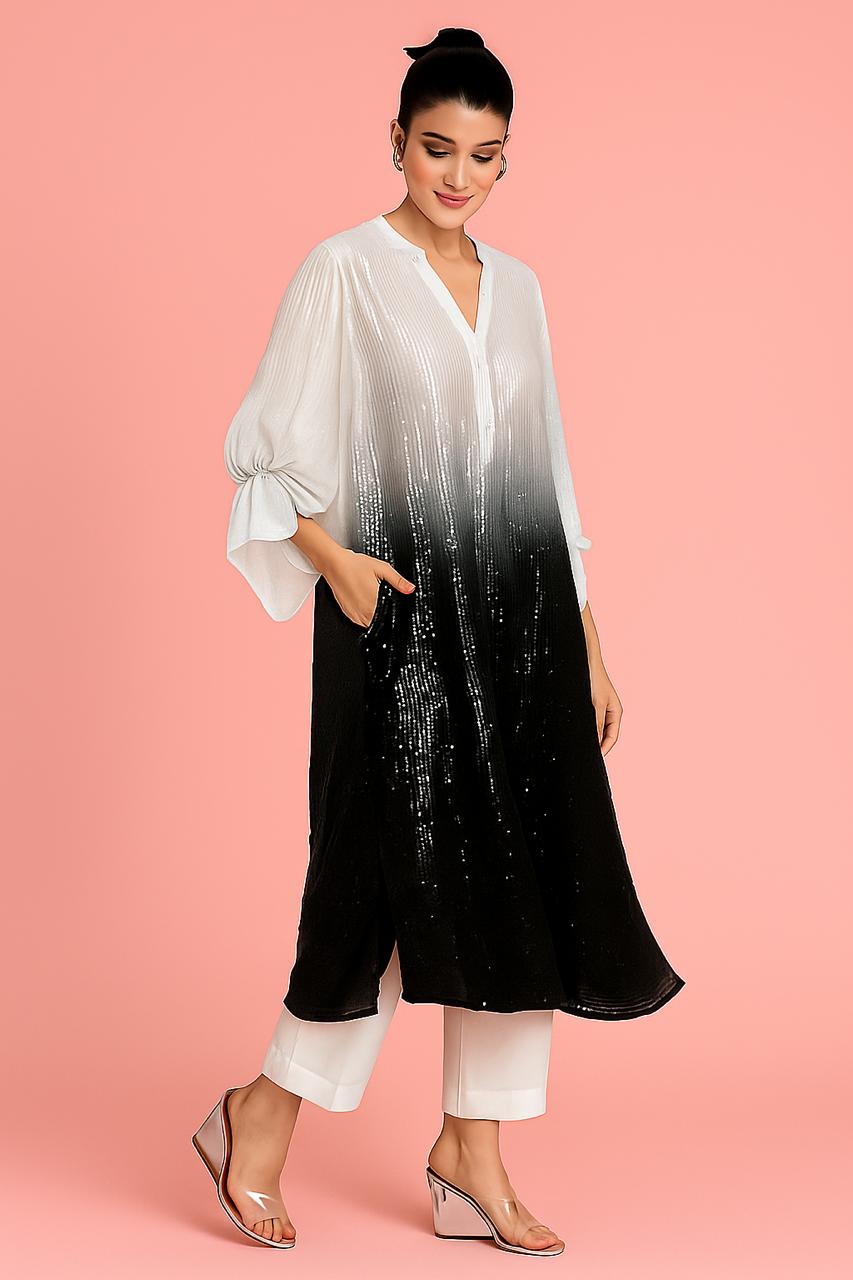 Black & 
White Sequin Tie Co-ord Set - metallic embroidery (top+trousers+slip)