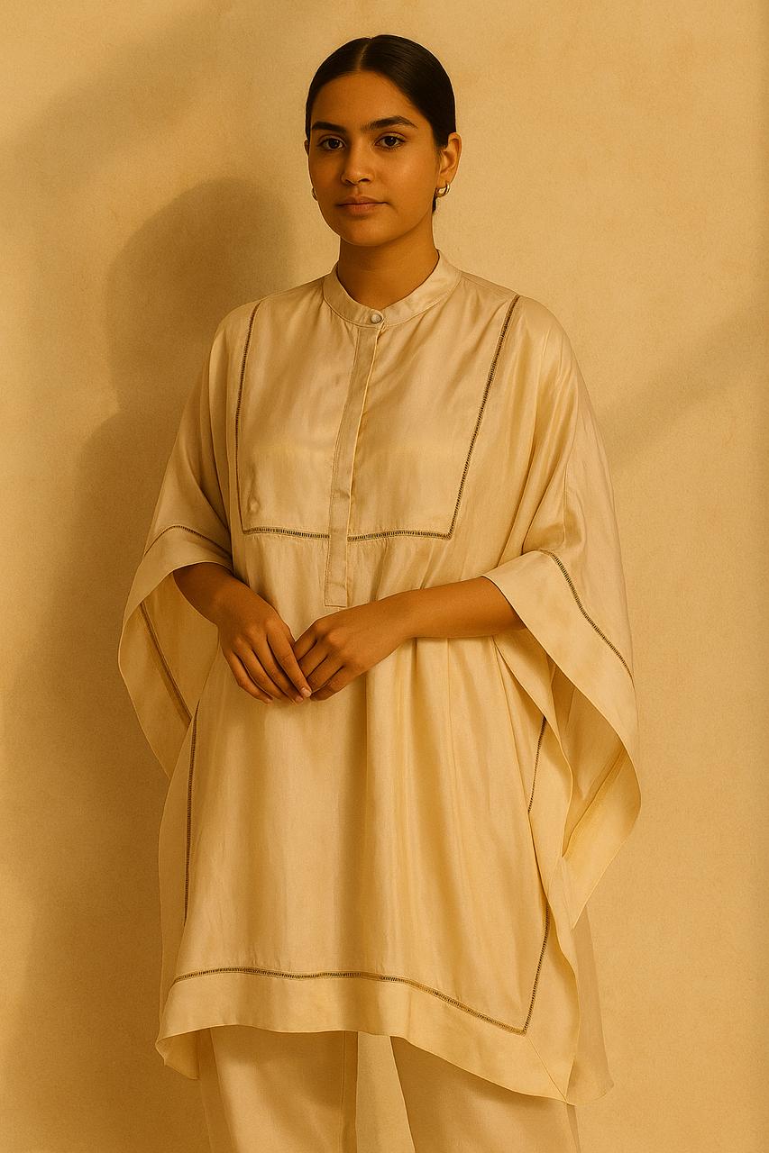 Cream-Gold embroidered top with gold ladder and embroidered motif at yolk