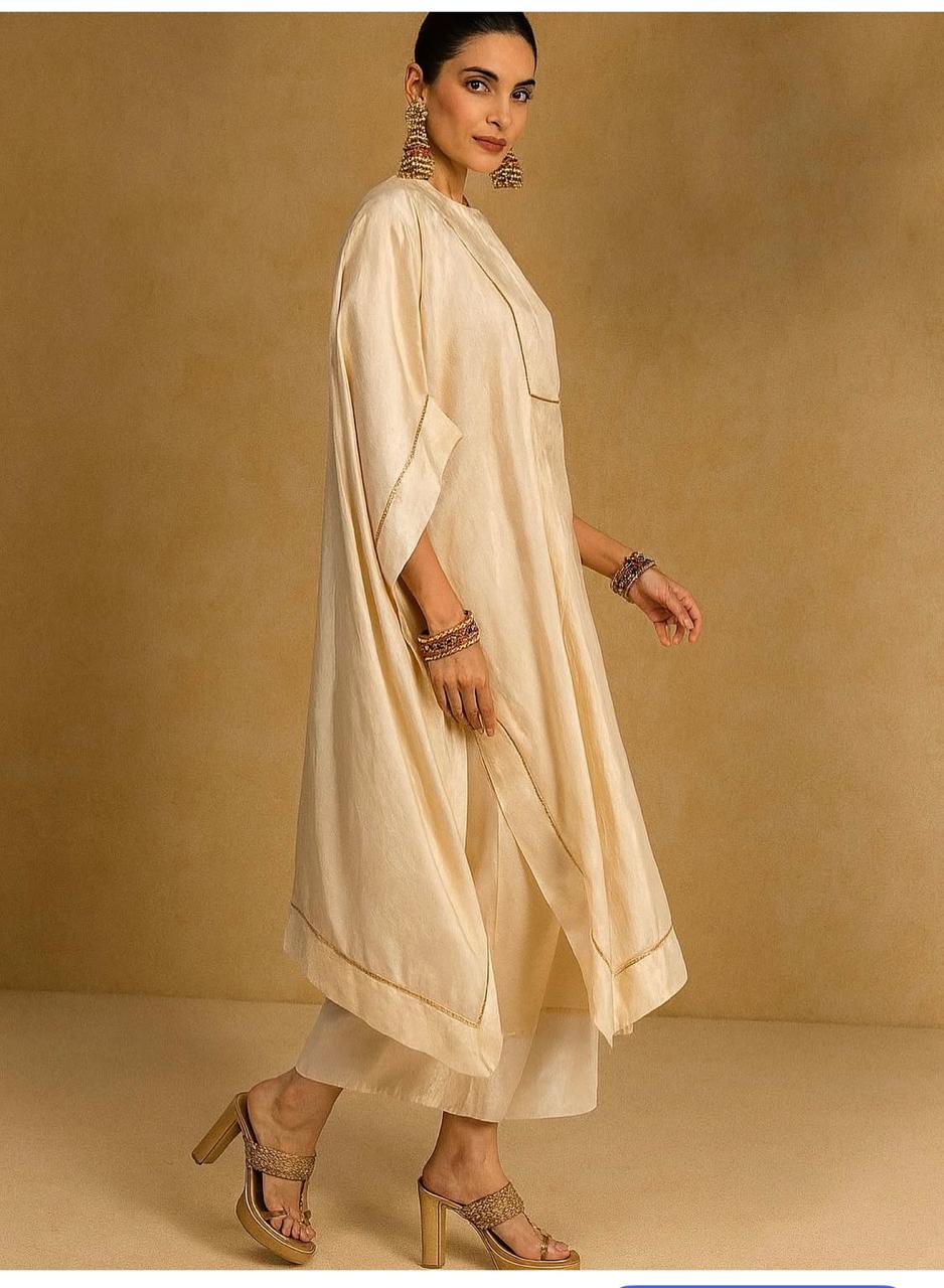 Cream-Gold embroidered top with gold ladder and embroidered motif at yolk