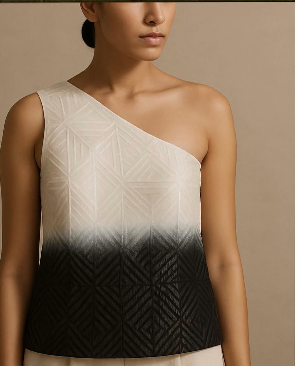 Black & 
Cream One Shoulder lace waistcoat in embroidered fabric with sequins (no lining in the back)