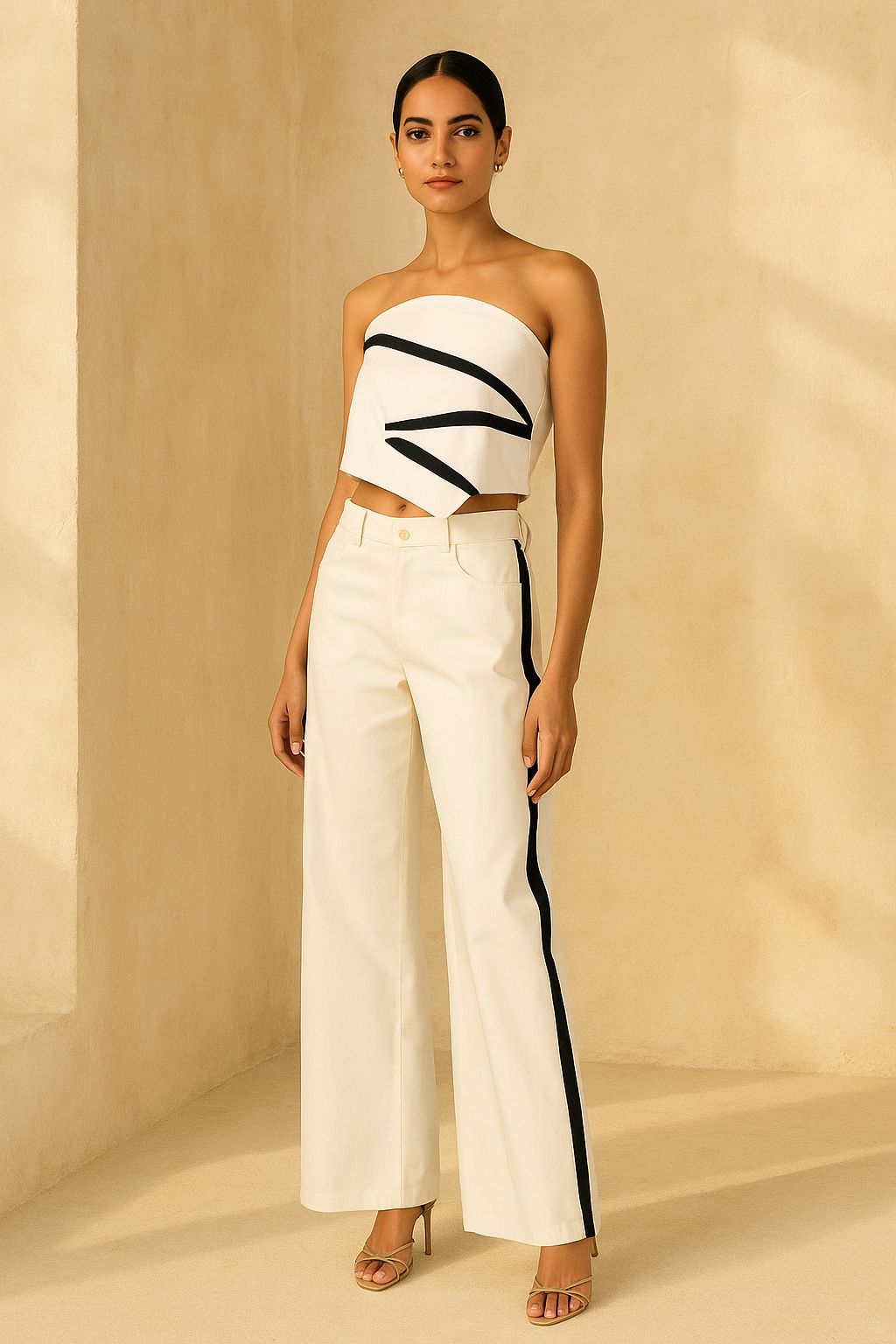 White cotton denim scarf top with black tape detail on bodice