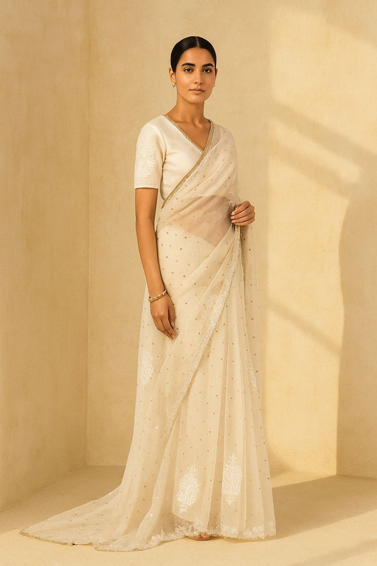 White silk organza, mukaish and Lucknowi hand-embroidered sari finished in Hyderabadi gotta