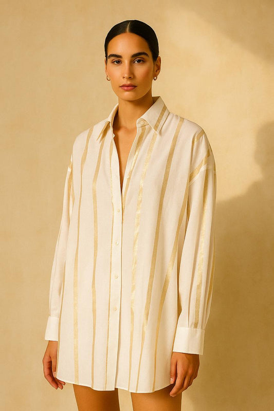 60's collar Mul-Mul shirt in white and gold pinstripe's