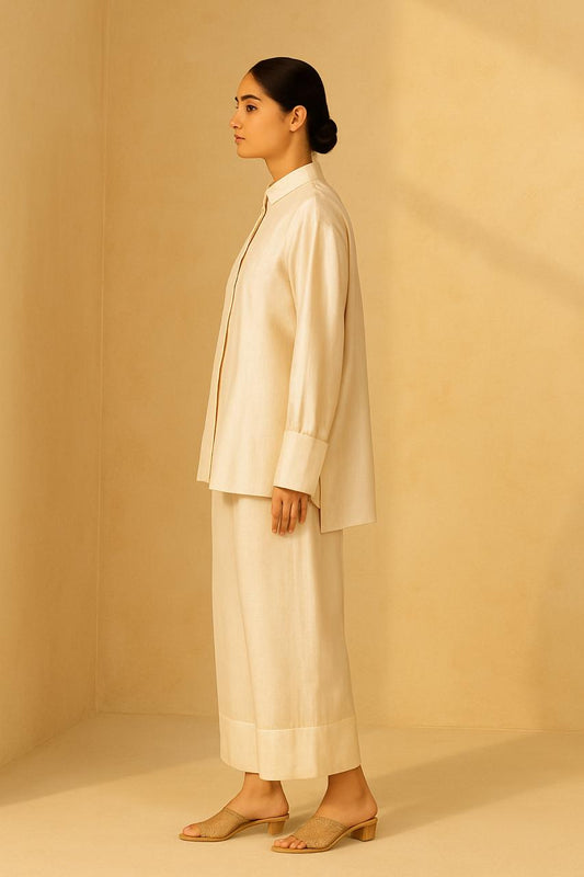 Cream-Gold Embroidered yolk shirt