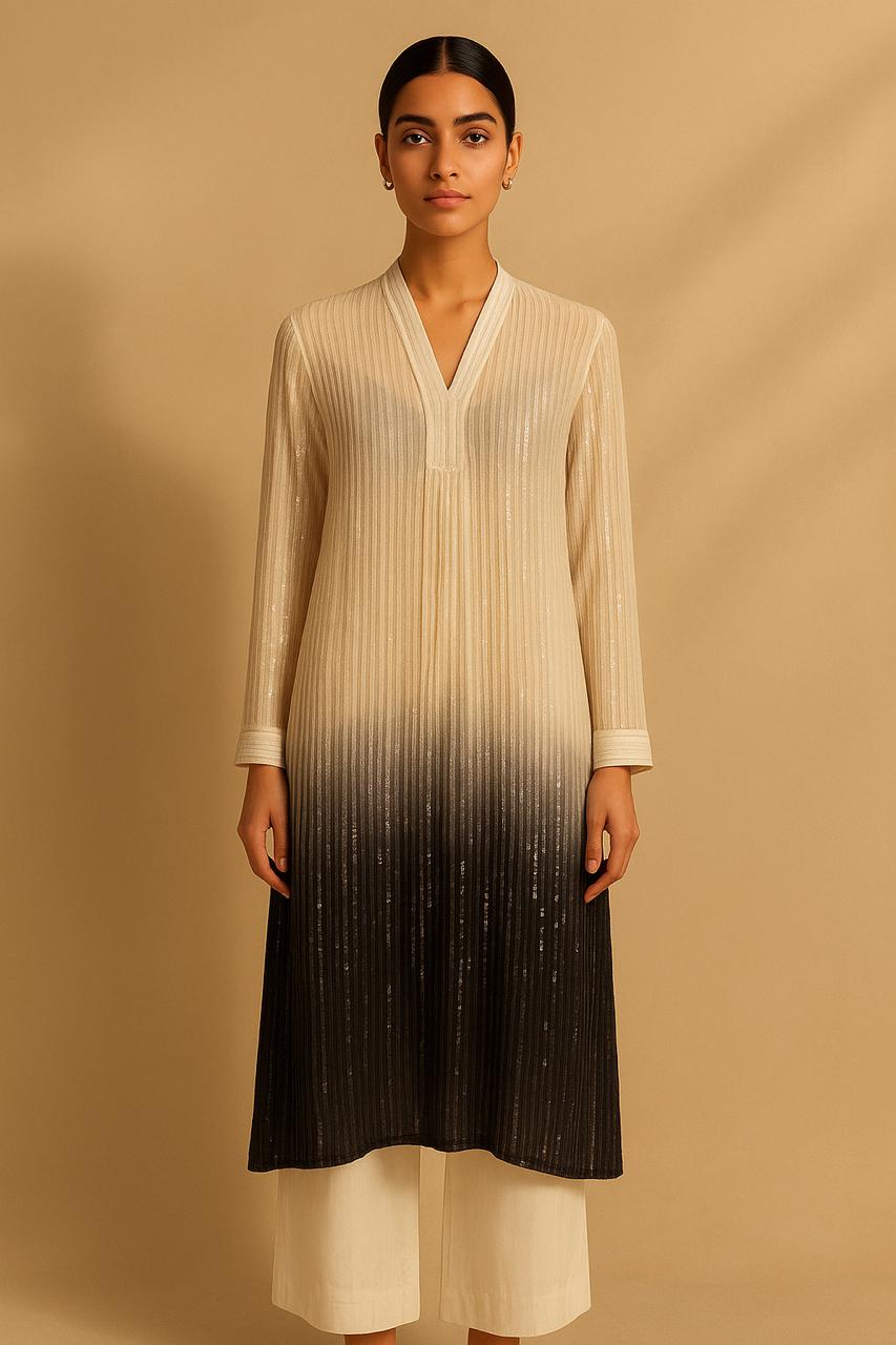 Black & White Sequin V neck Co-ord Set - metallic embroider (top+trousers+slip)