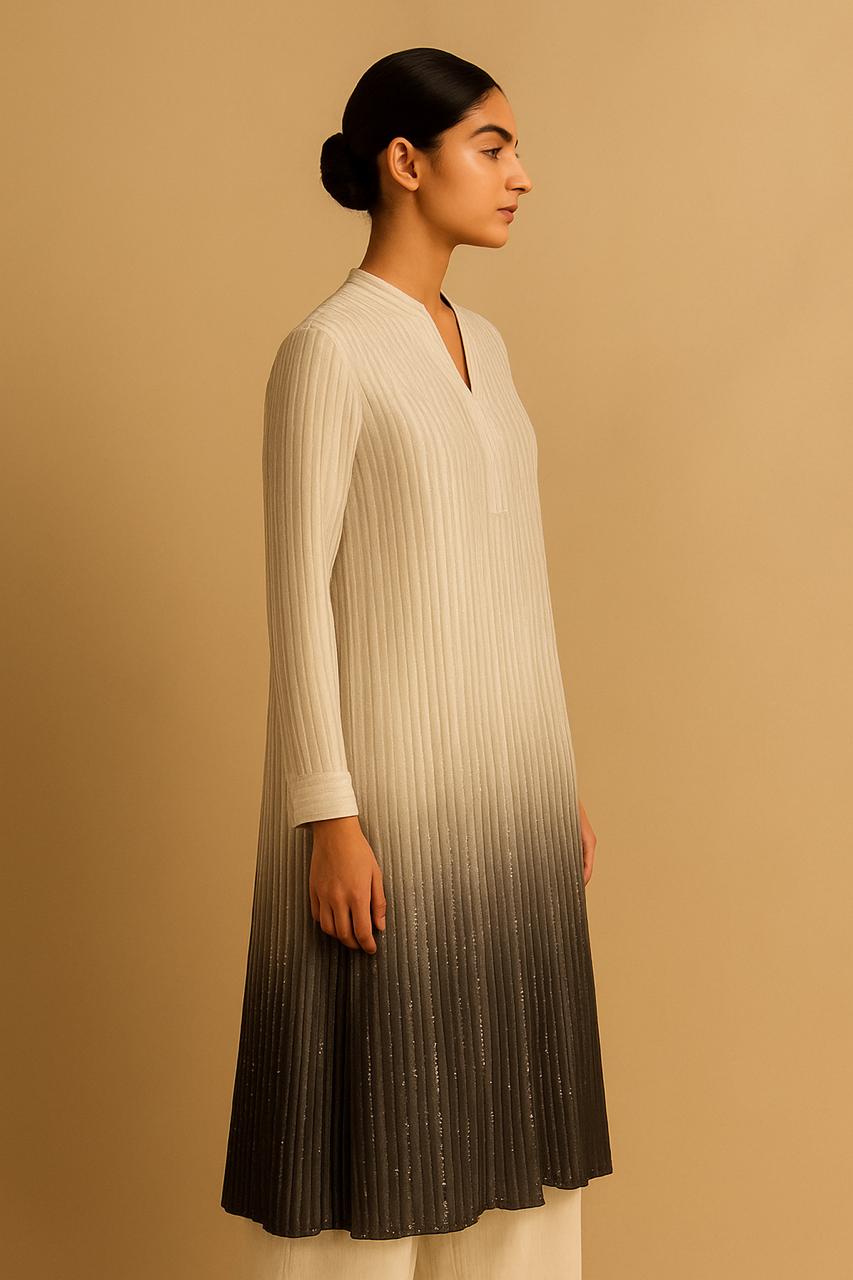 Black & White Sequin V neck Co-ord Set - metallic embroider (top+trousers+slip)