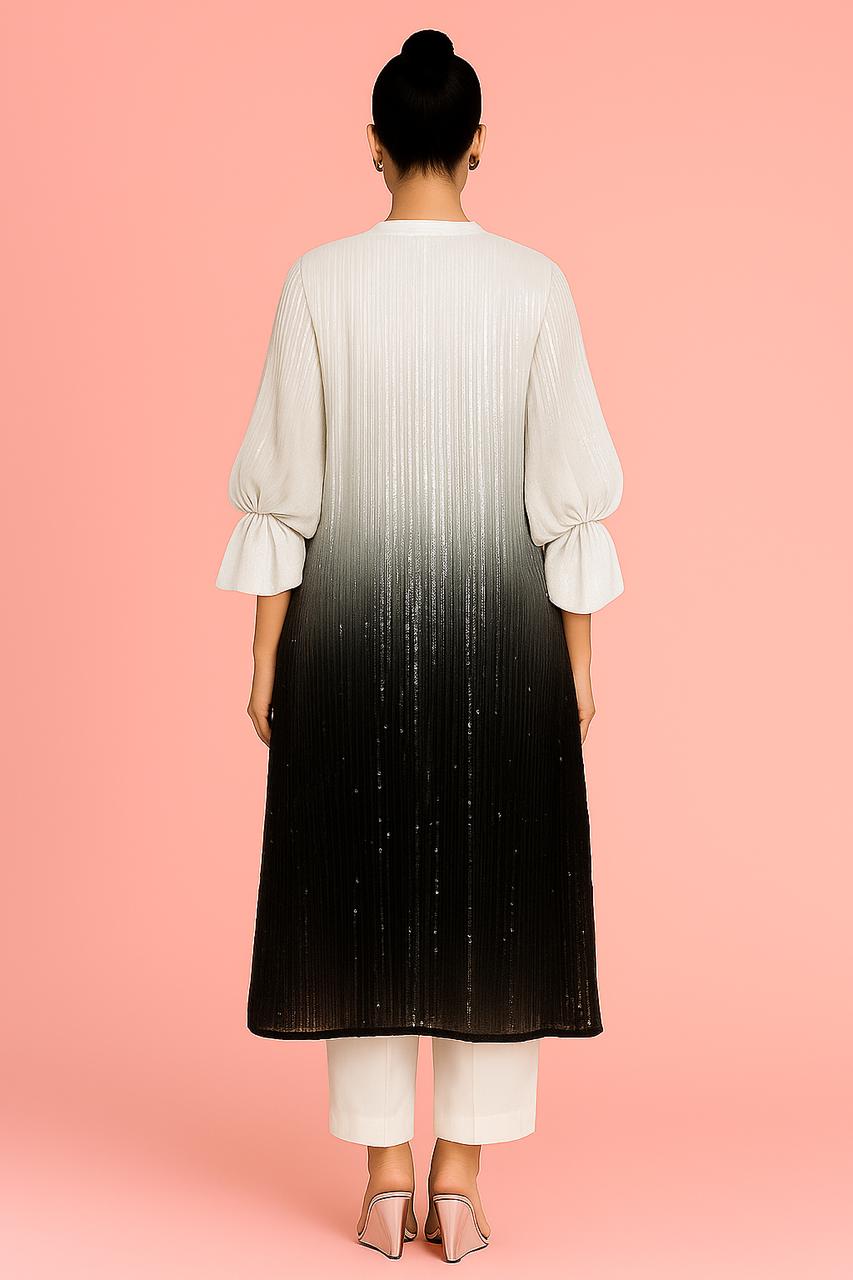 Black & 
White Sequin Tie Co-ord Set - metallic embroidery (top+trousers+slip)