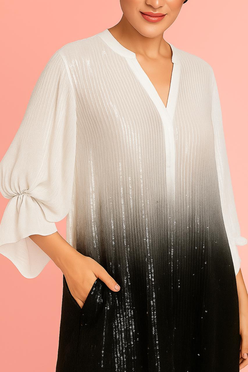 Black & 
White Sequin Tie Co-ord Set - metallic embroidery (top+trousers+slip)