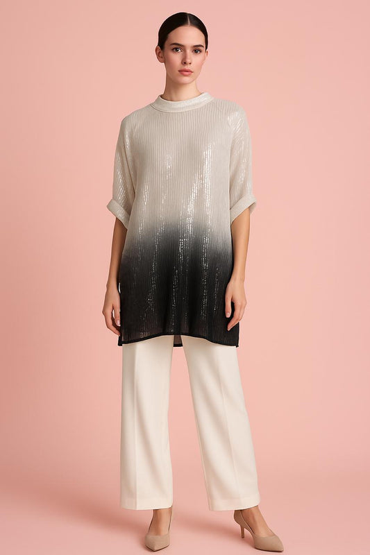 Black & 
White Sequin side button Co-ord Set - metallic embroidery (top+trousers+slip)