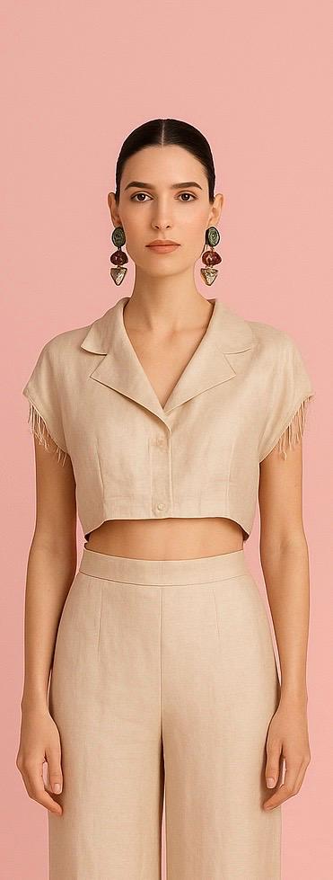 Cream-Gold crop jacket with shoulder pads & beaded tassel sleeves
