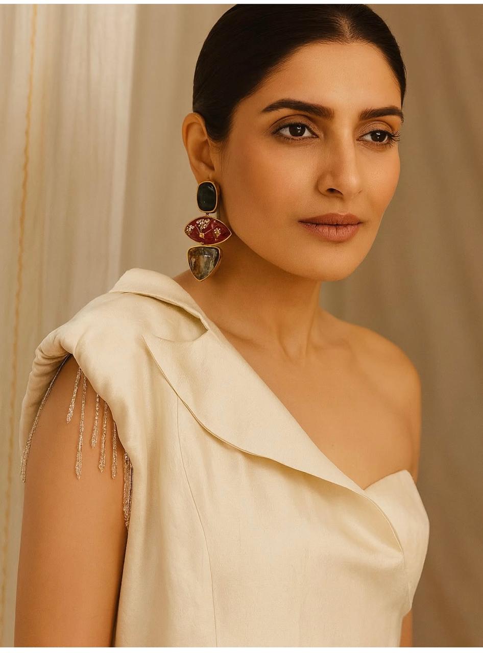 Cream-Gold crop jacket with shoulder pads & beaded tassel sleeves