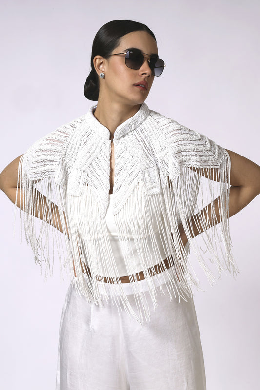 Hand embroidered white beaded tassel jacket